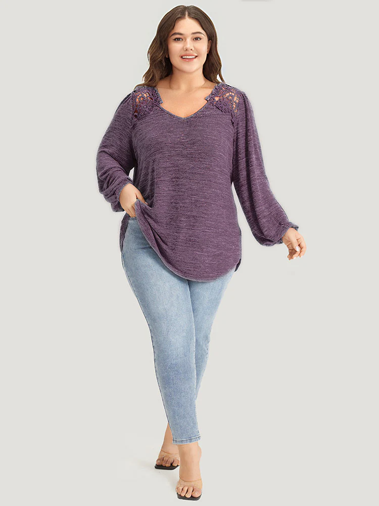 Lace Insert Curved Hem Lantern Sleeve Sweatshirt - Image 14