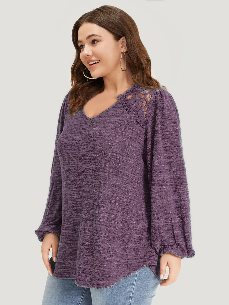 Lace Insert Curved Hem Lantern Sleeve Sweatshirt - Image 15