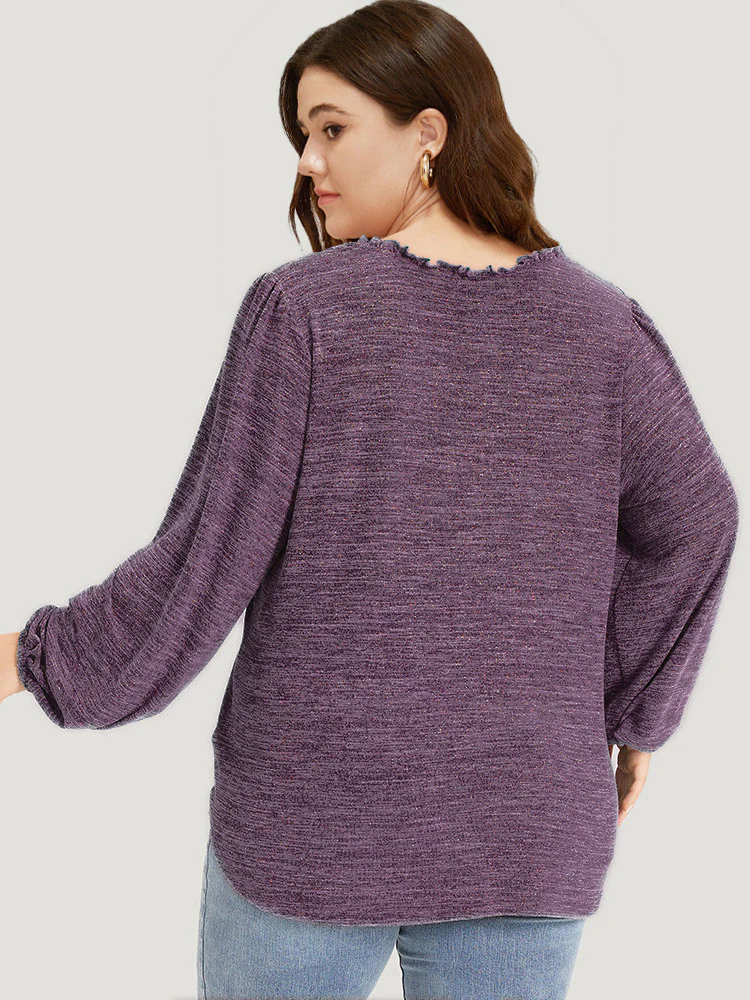 Lace Insert Curved Hem Lantern Sleeve Sweatshirt - Image 16