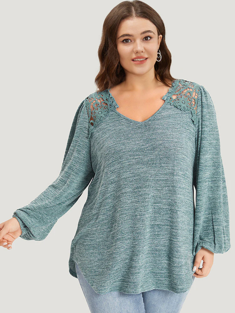 Lace Insert Curved Hem Lantern Sleeve Sweatshirt - Image 3