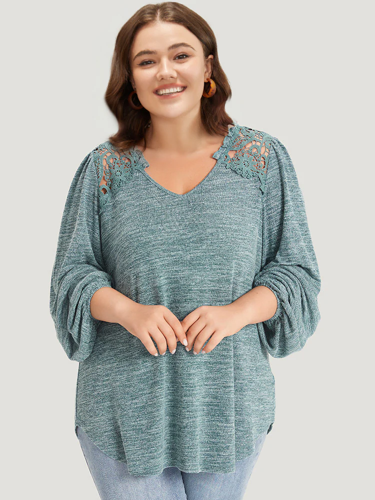 Lace Insert Curved Hem Lantern Sleeve Sweatshirt - Image 4
