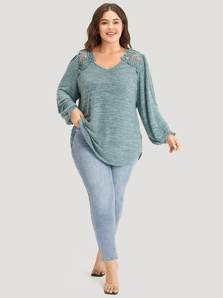 Lace Insert Curved Hem Lantern Sleeve Sweatshirt - Image 5