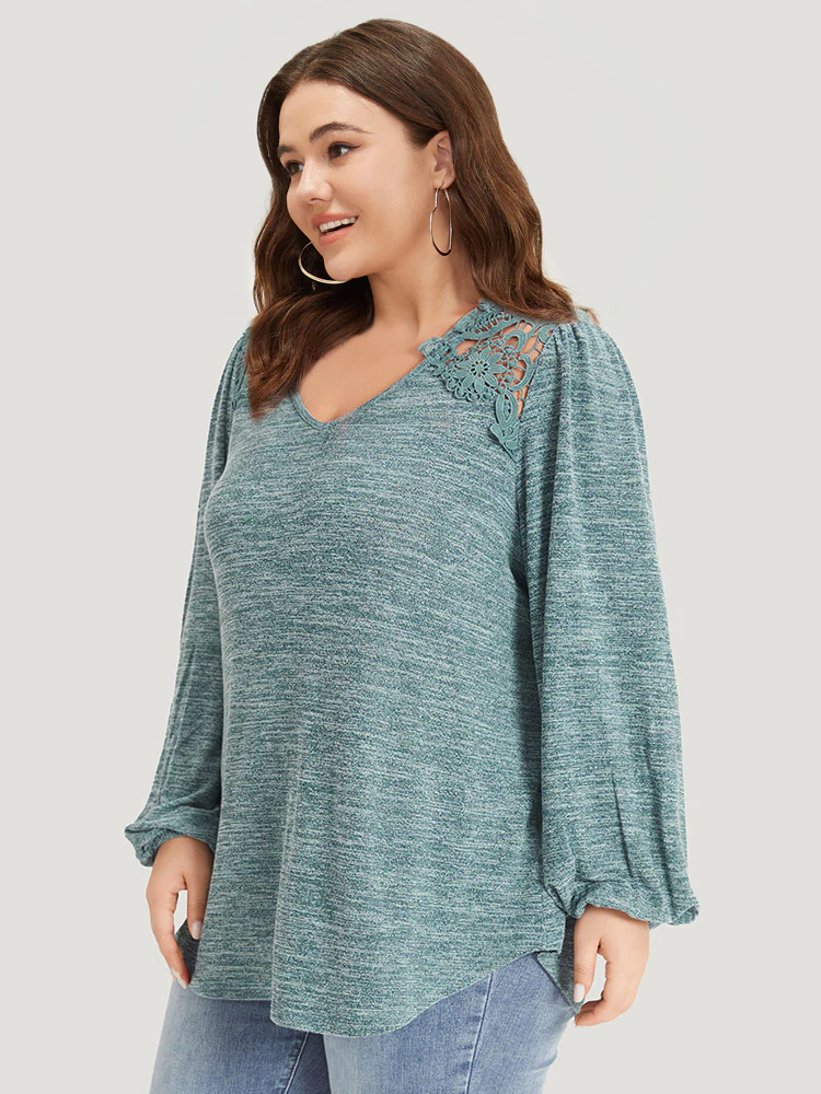 Lace Insert Curved Hem Lantern Sleeve Sweatshirt - Image 6