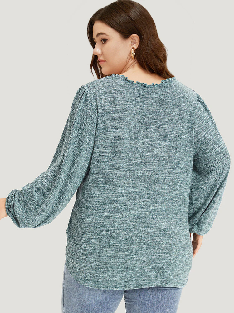 Lace Insert Curved Hem Lantern Sleeve Sweatshirt - Image 7