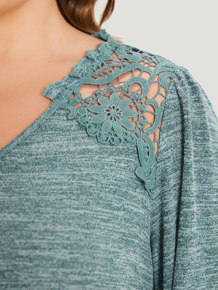 Lace Insert Curved Hem Lantern Sleeve Sweatshirt - Image 9