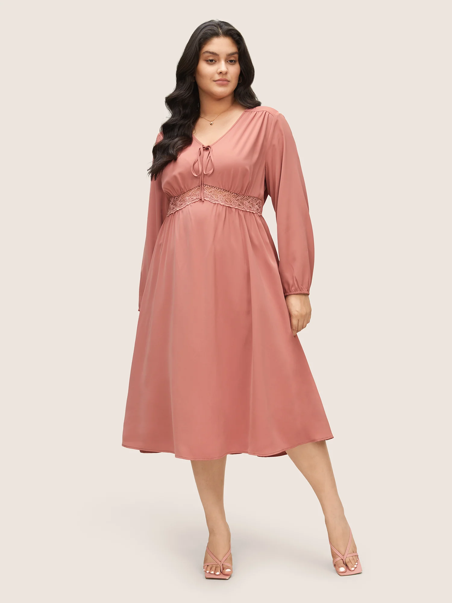 Lace Insert Pocket Bowknot Hollow Out Dress - Image 2