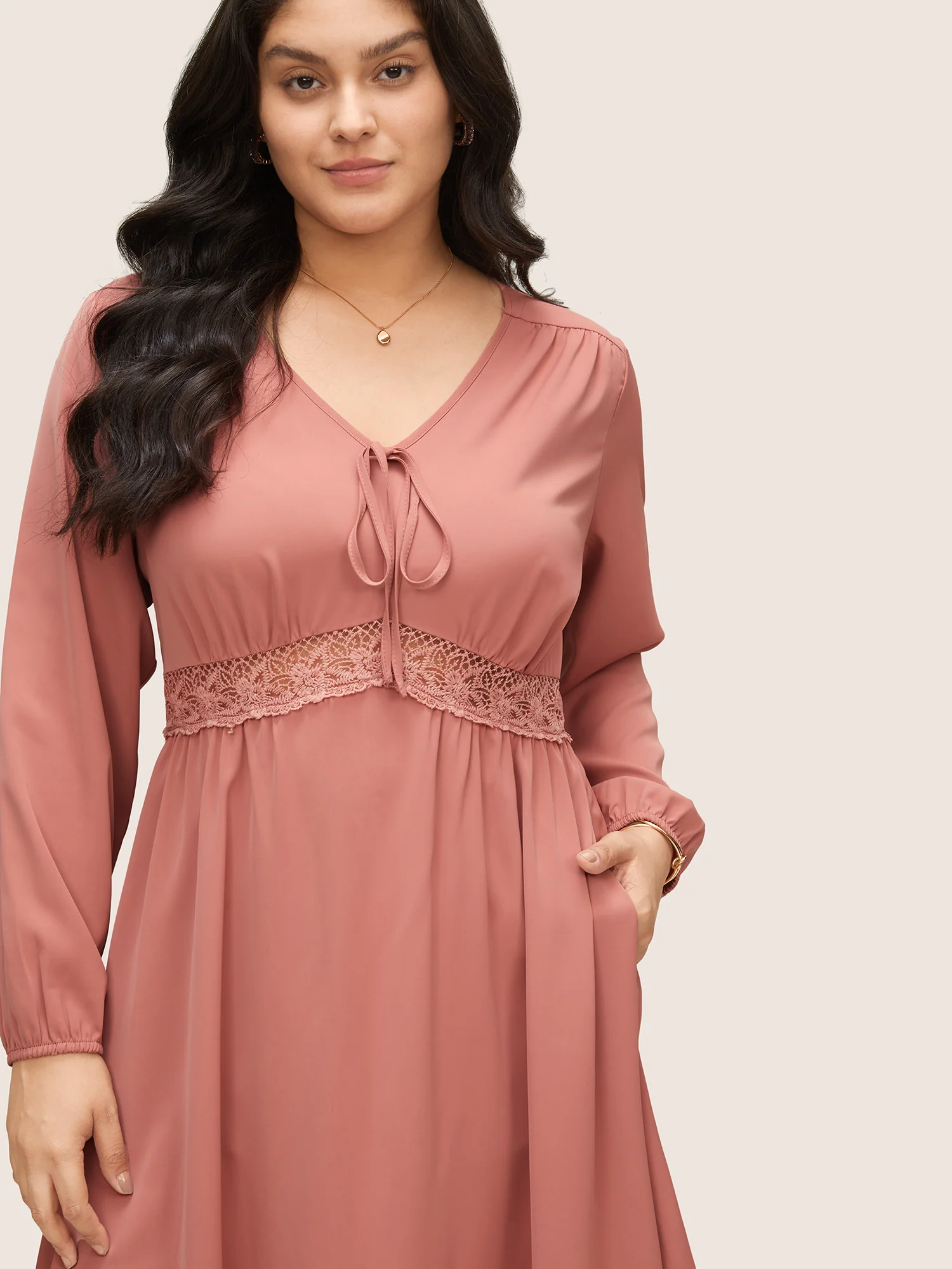 Lace Insert Pocket Bowknot Hollow Out Dress - Image 4