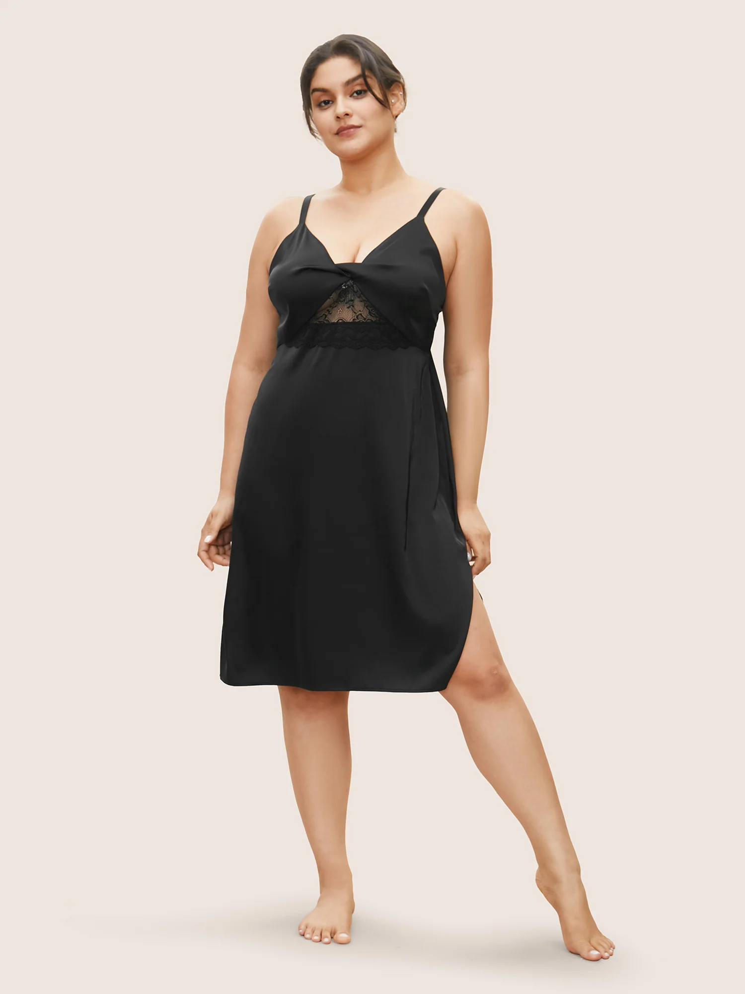 Sheer Lace Twist-Front Split Hem Nightgown