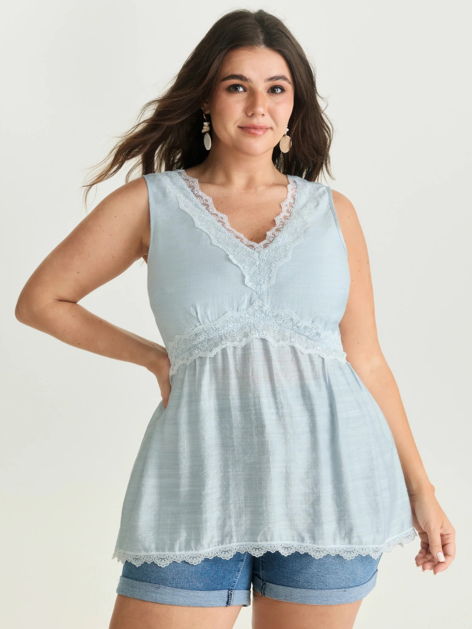 Lace Neckline Plain Blouse