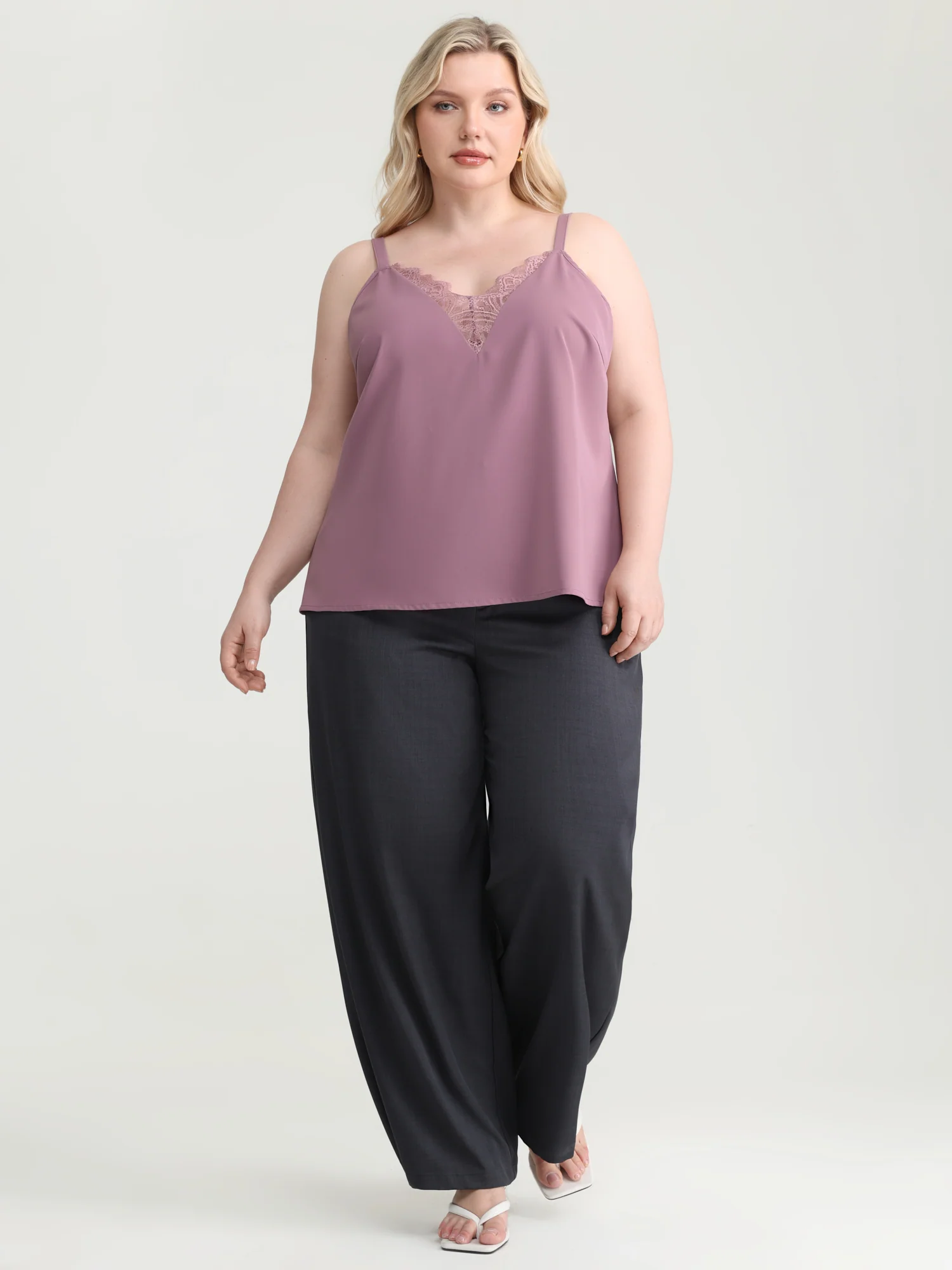 Lace Neckline Satin Tank Top - Image 3
