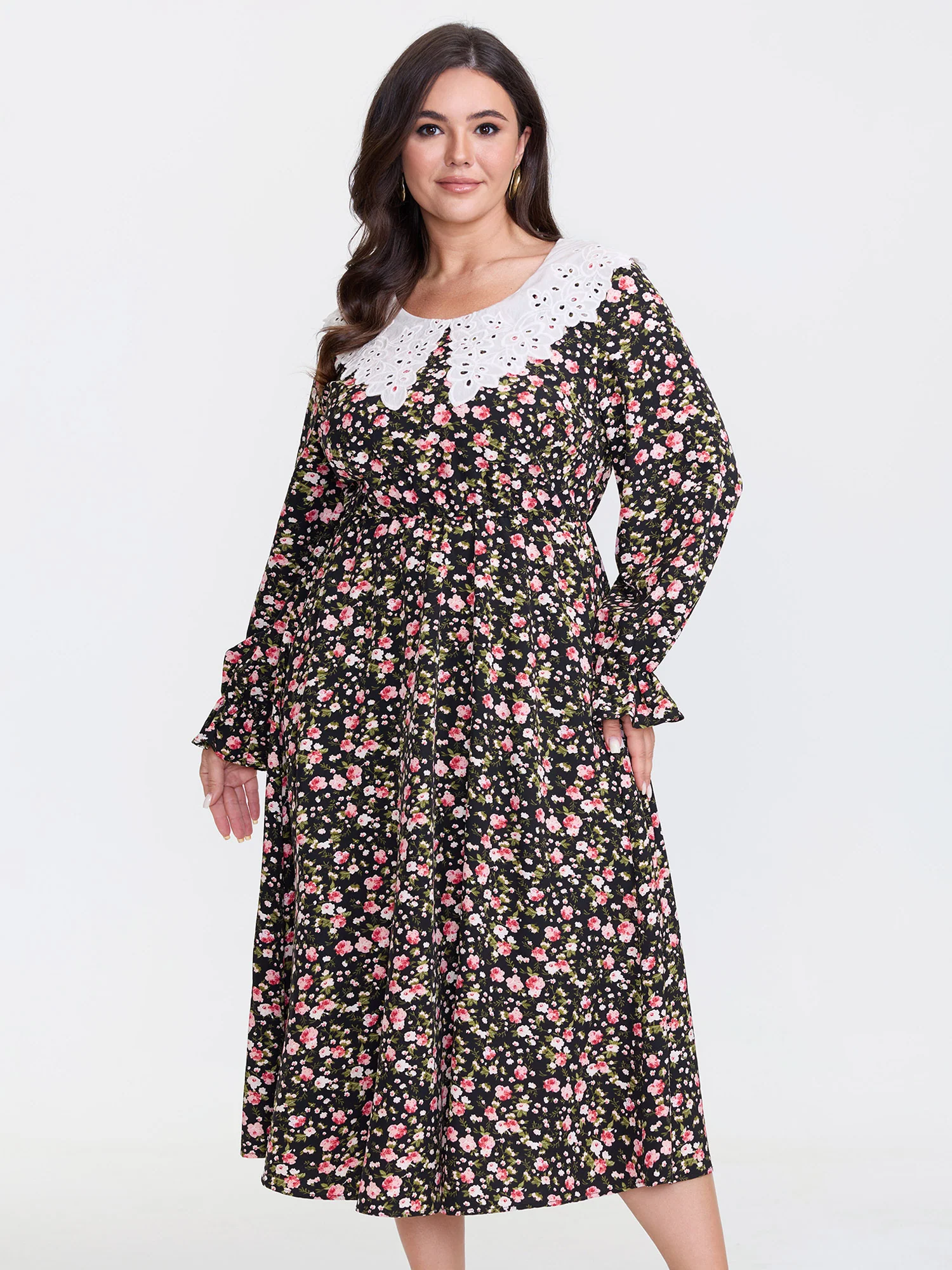 Lace Neckline Stretchy Waist-Defining Midi Dress - Image 2