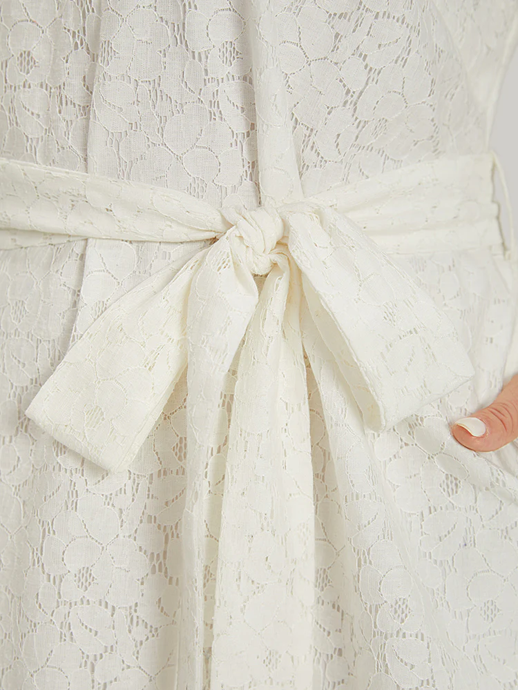Lace Panel Belted Cold Shoulder Flutter Sleeve Dress - Image 10