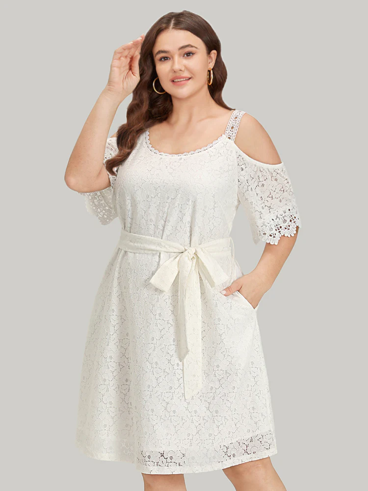 Lace Panel Belted Cold Shoulder Flutter Sleeve Dress - Image 2