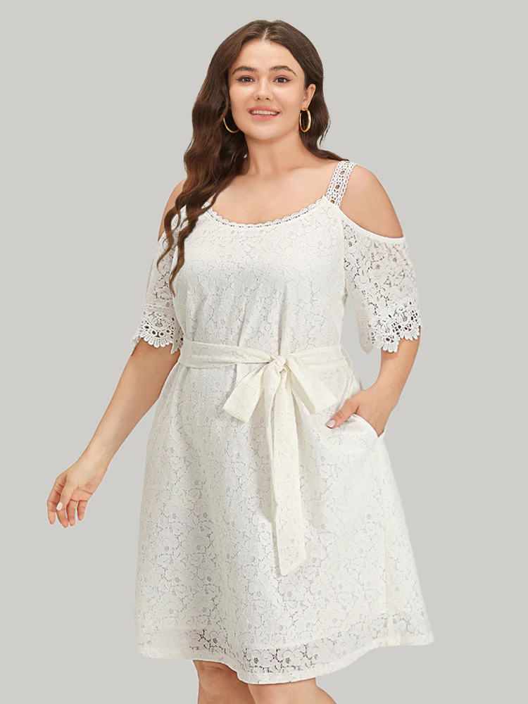 Lace Panel Belted Cold Shoulder Flutter Sleeve Dress - Image 3
