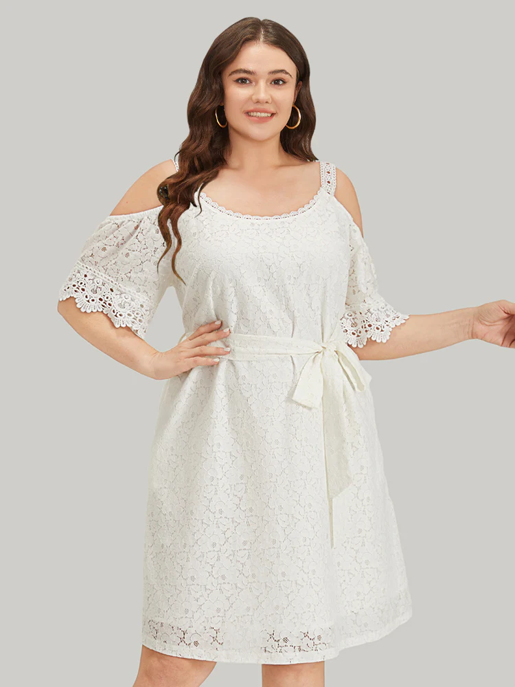 Lace Panel Belted Cold Shoulder Flutter Sleeve Dress - Image 4