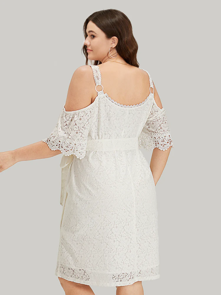 Lace Panel Belted Cold Shoulder Flutter Sleeve Dress - Image 5
