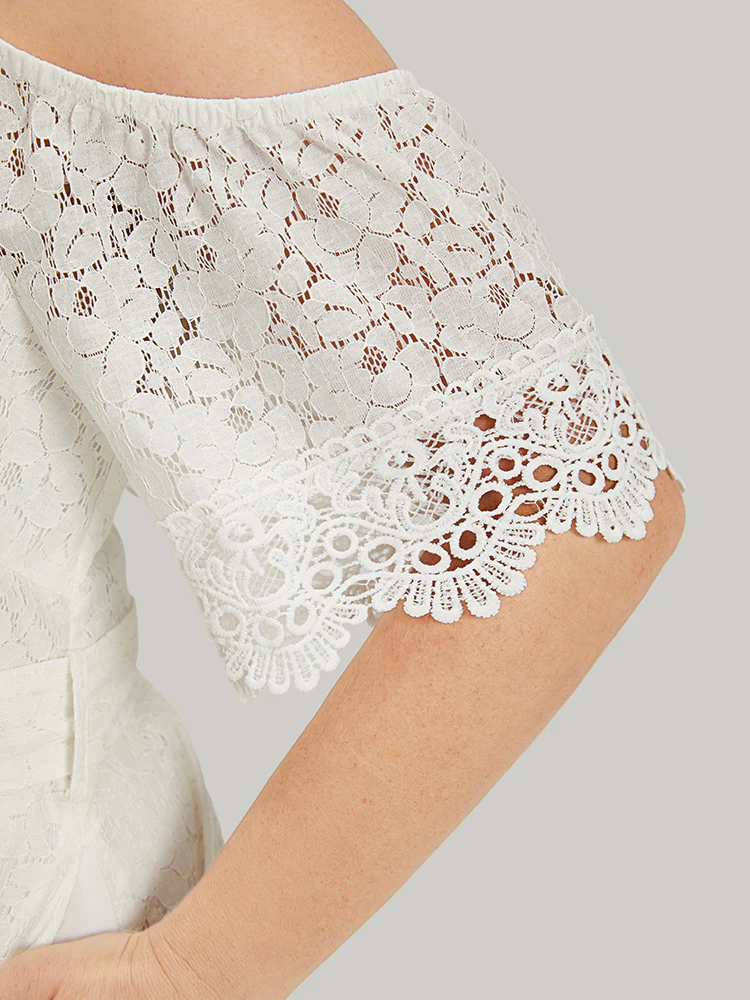 Lace Panel Belted Cold Shoulder Flutter Sleeve Dress - Image 9