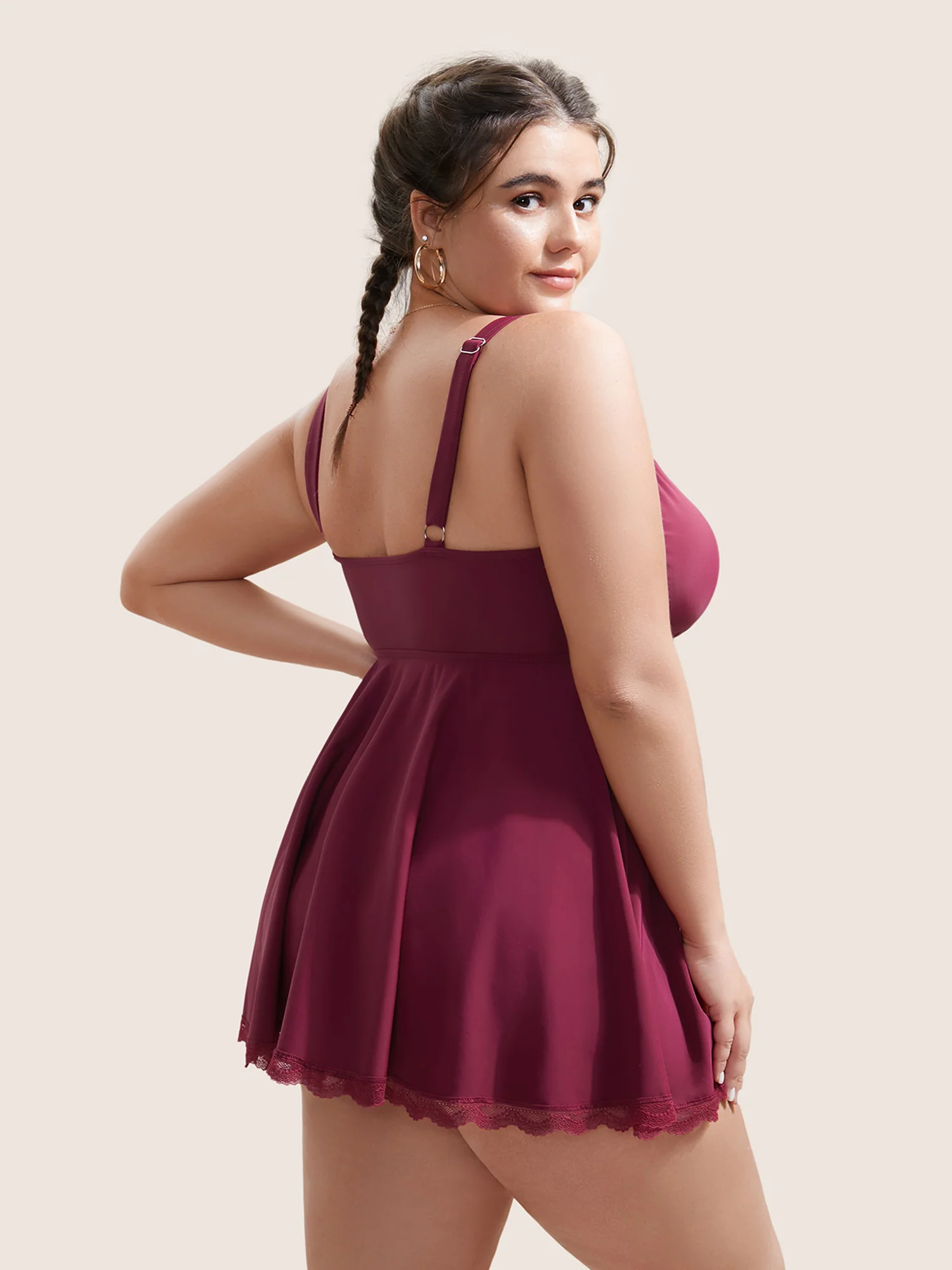 Lace Panel Gathered Adjustable Straps Swim Top - Image 2