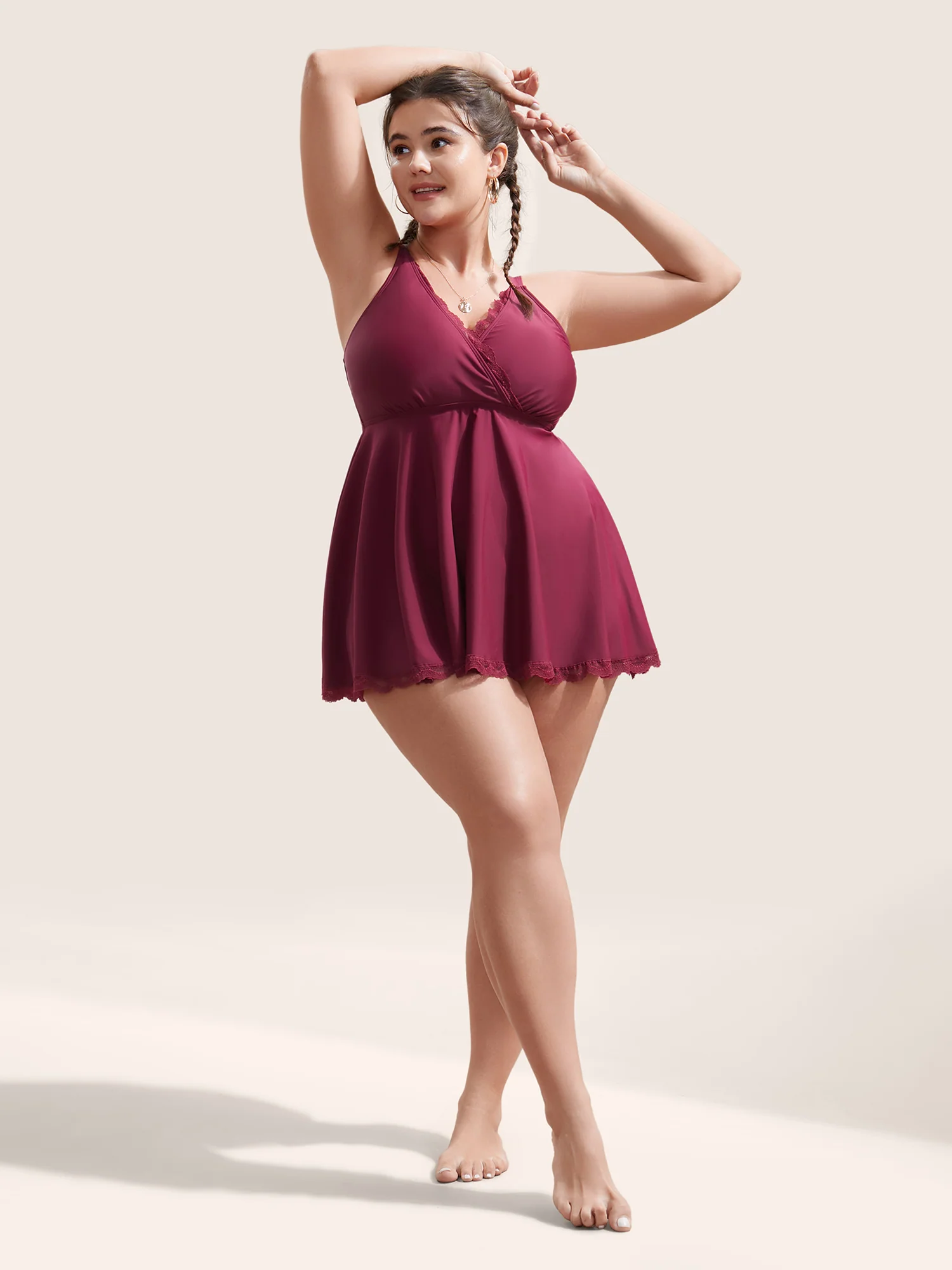Lace Panel Gathered Adjustable Straps Swim Top - Image 3