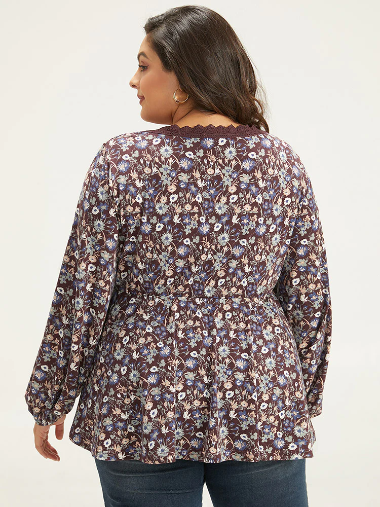 Lace Panel Lantern Sleeve Elastic Waist T-shirt - Image 2