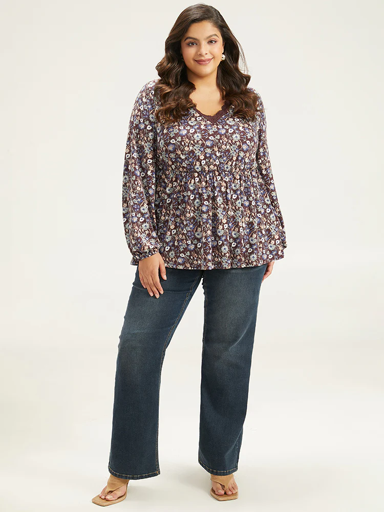 Lace Panel Lantern Sleeve Elastic Waist T-shirt - Image 4