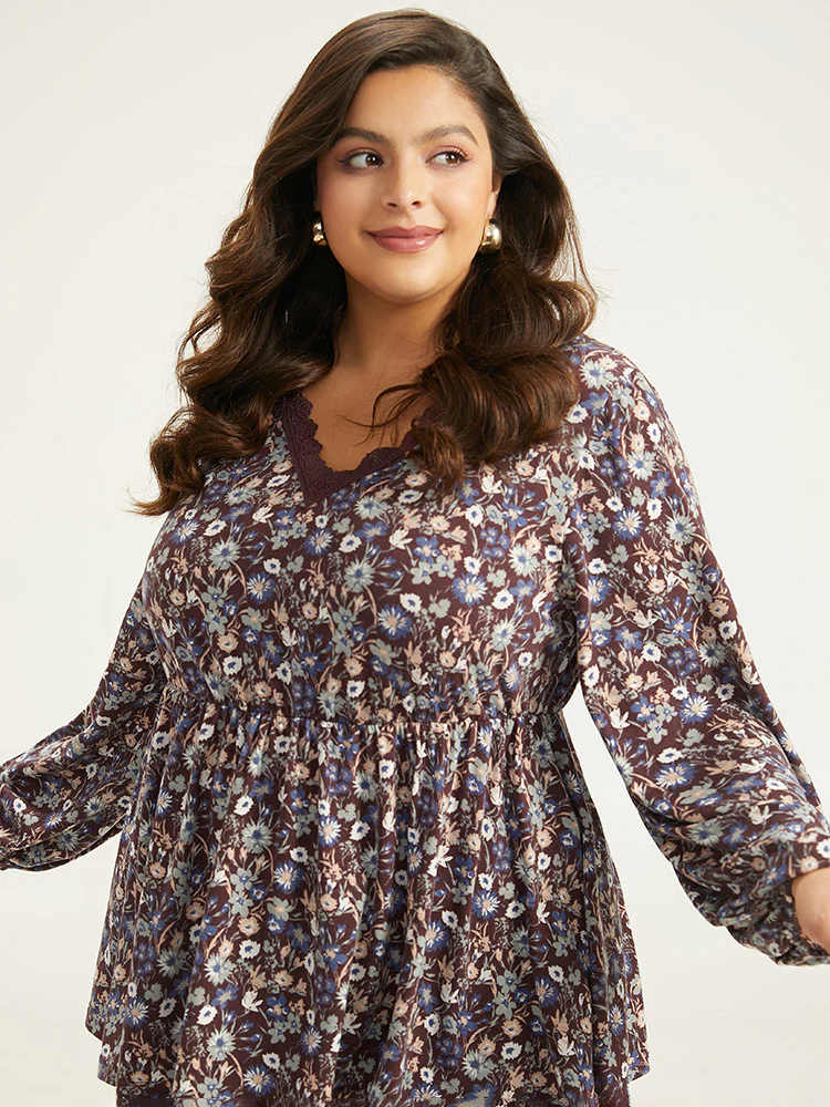 Lace Panel Lantern Sleeve Elastic Waist T-shirt - Image 5