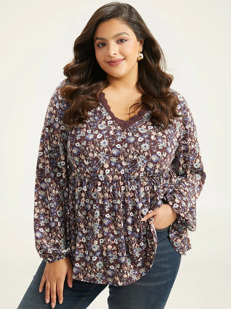 Lace Panel Lantern Sleeve Elastic Waist T-shirt - Image 6