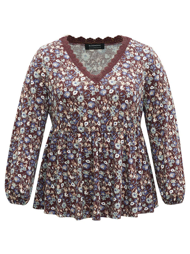 Lace Panel Lantern Sleeve Elastic Waist T-shirt - Image 9