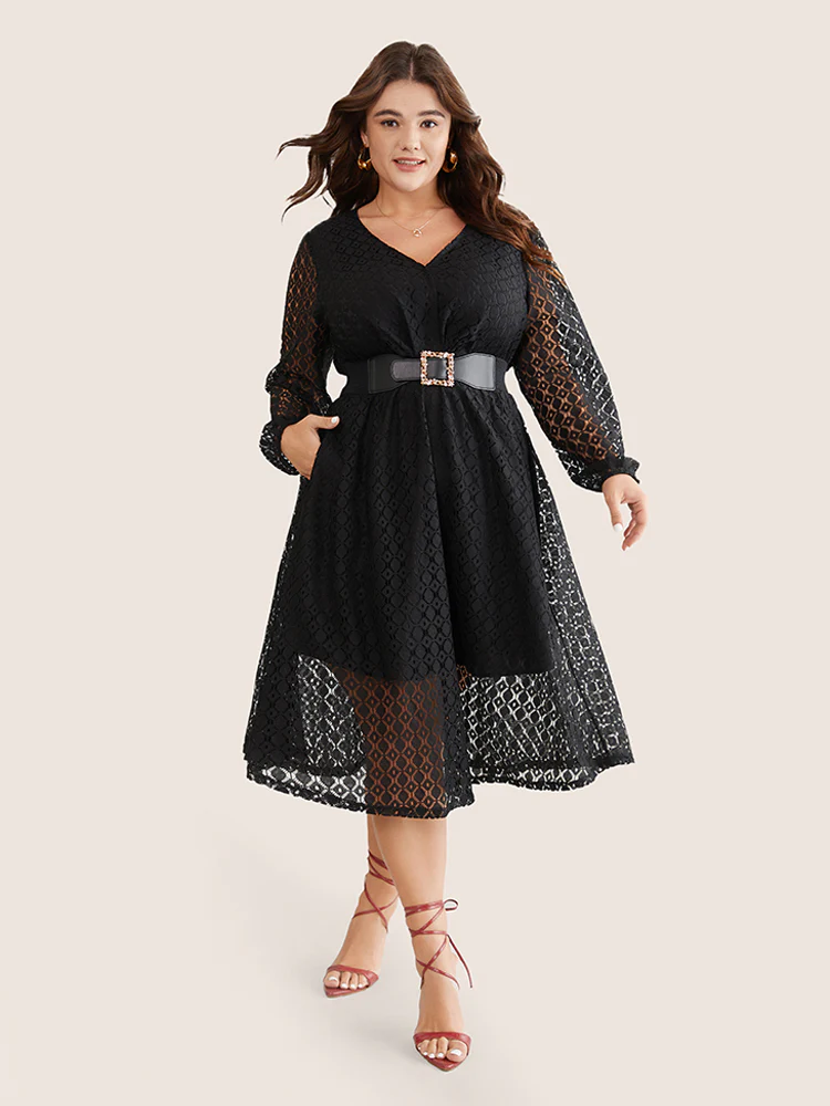 Lace Panel Overlap Collar Mesh Dress