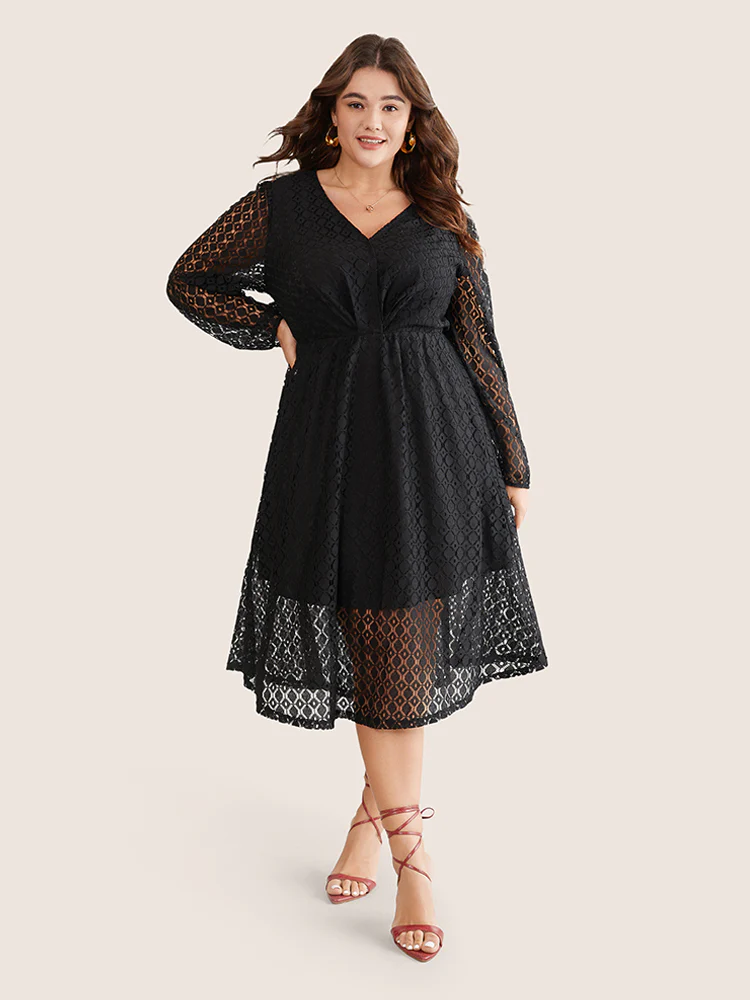 Lace Panel Overlap Collar Mesh Dress - Image 2