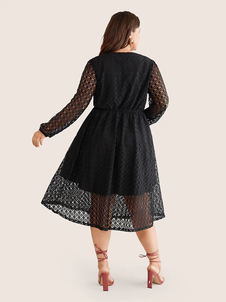 Lace Panel Overlap Collar Mesh Dress - Image 3