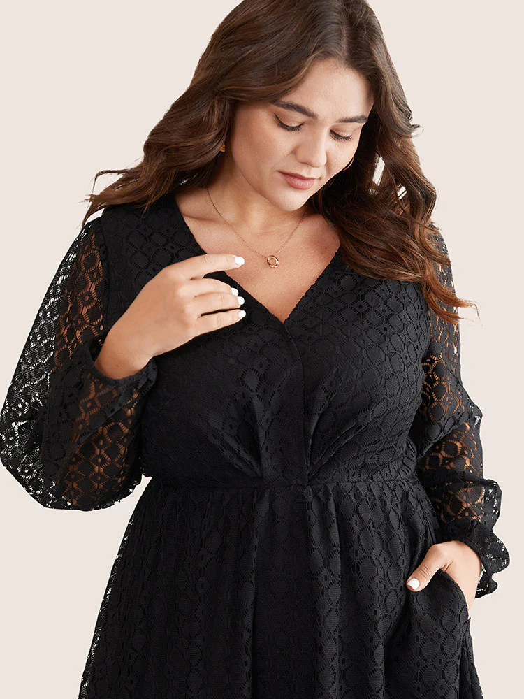 Lace Panel Overlap Collar Mesh Dress - Image 4