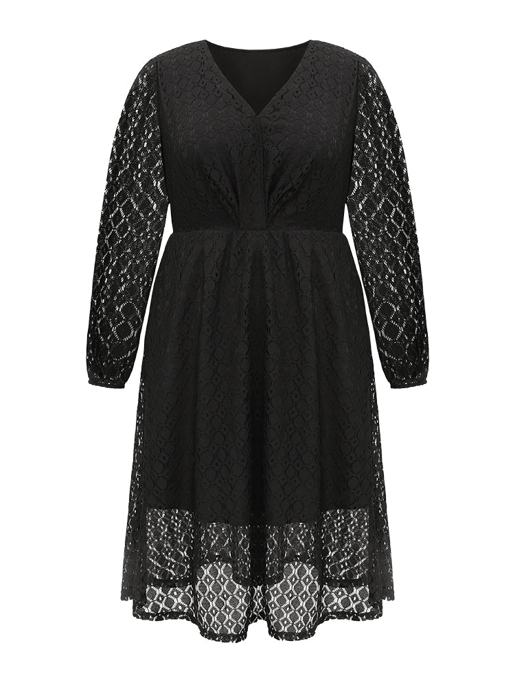 Lace Panel Overlap Collar Mesh Dress - Image 5