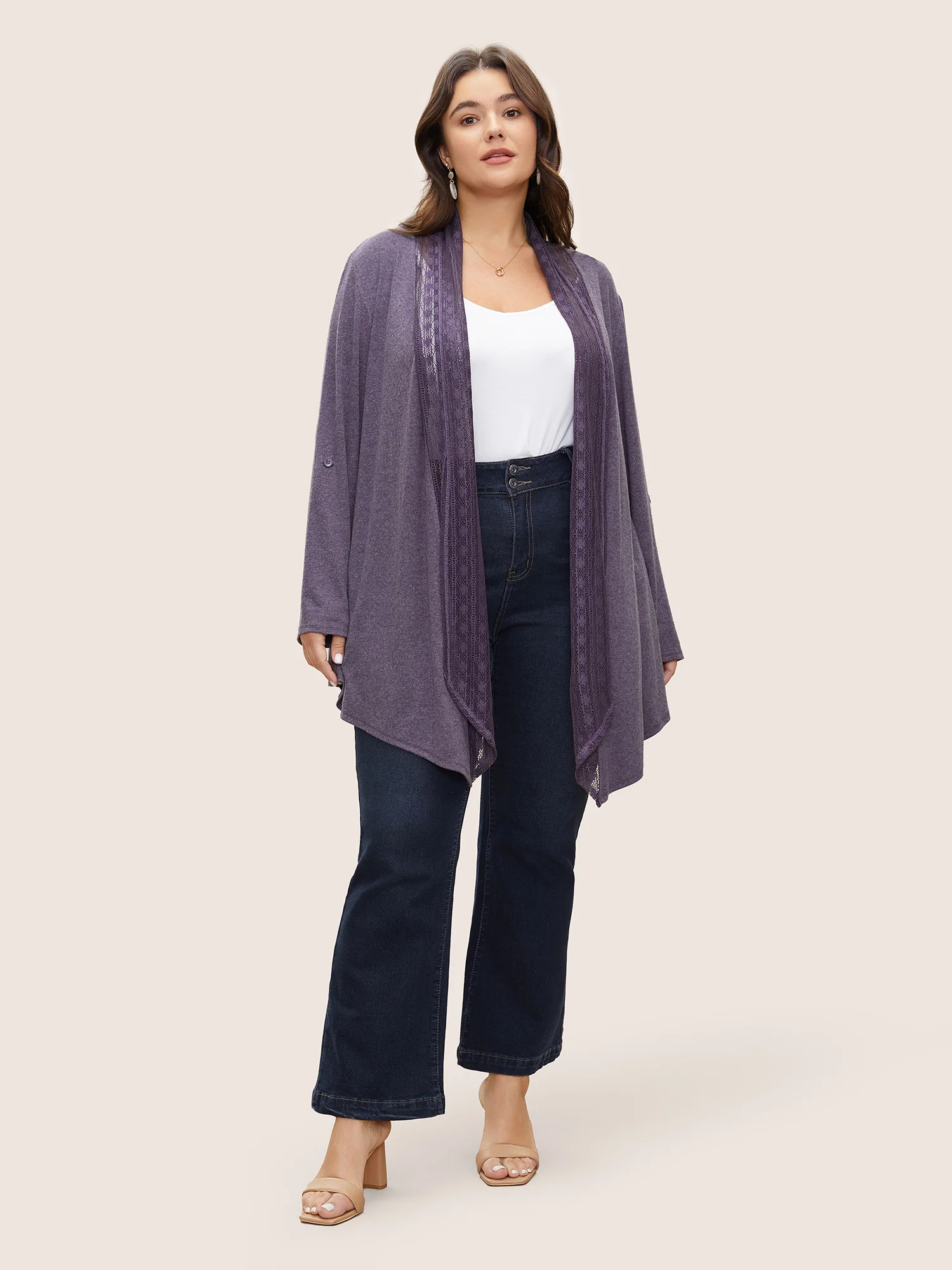Lace Panel Roll Tab Sleeve Open Front Kimono - Image 2