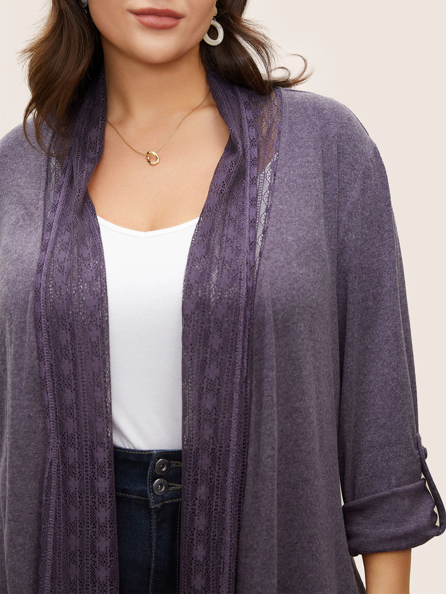 Lace Panel Roll Tab Sleeve Open Front Kimono - Image 3