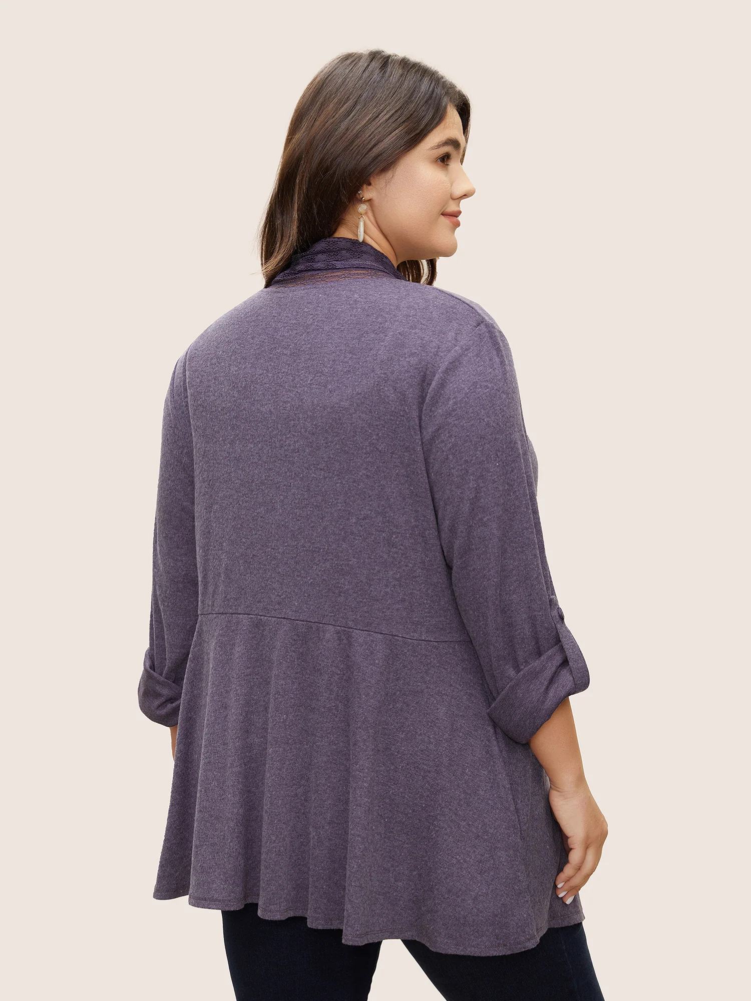 Lace Panel Roll Tab Sleeve Open Front Kimono - Image 4