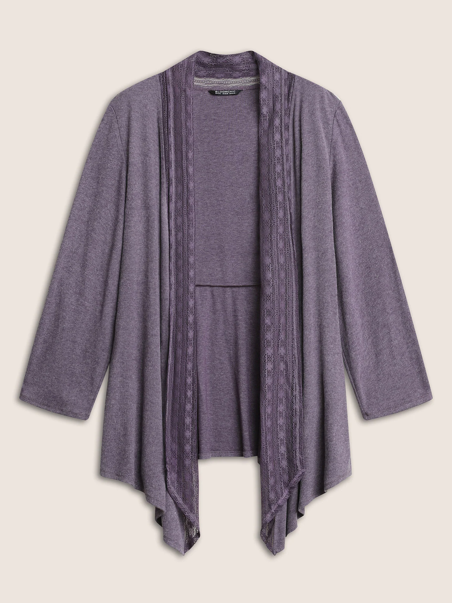 Lace Panel Roll Tab Sleeve Open Front Kimono - Image 7