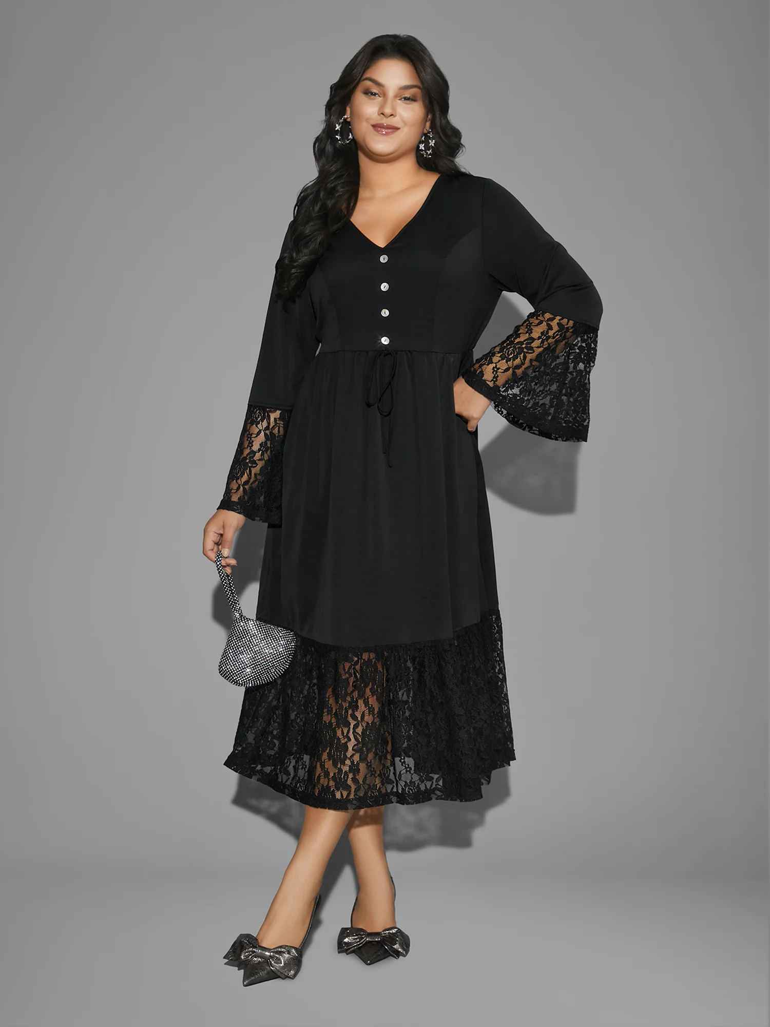 Lace Patchwork Button Detail Tie Knot Dress - Image 3