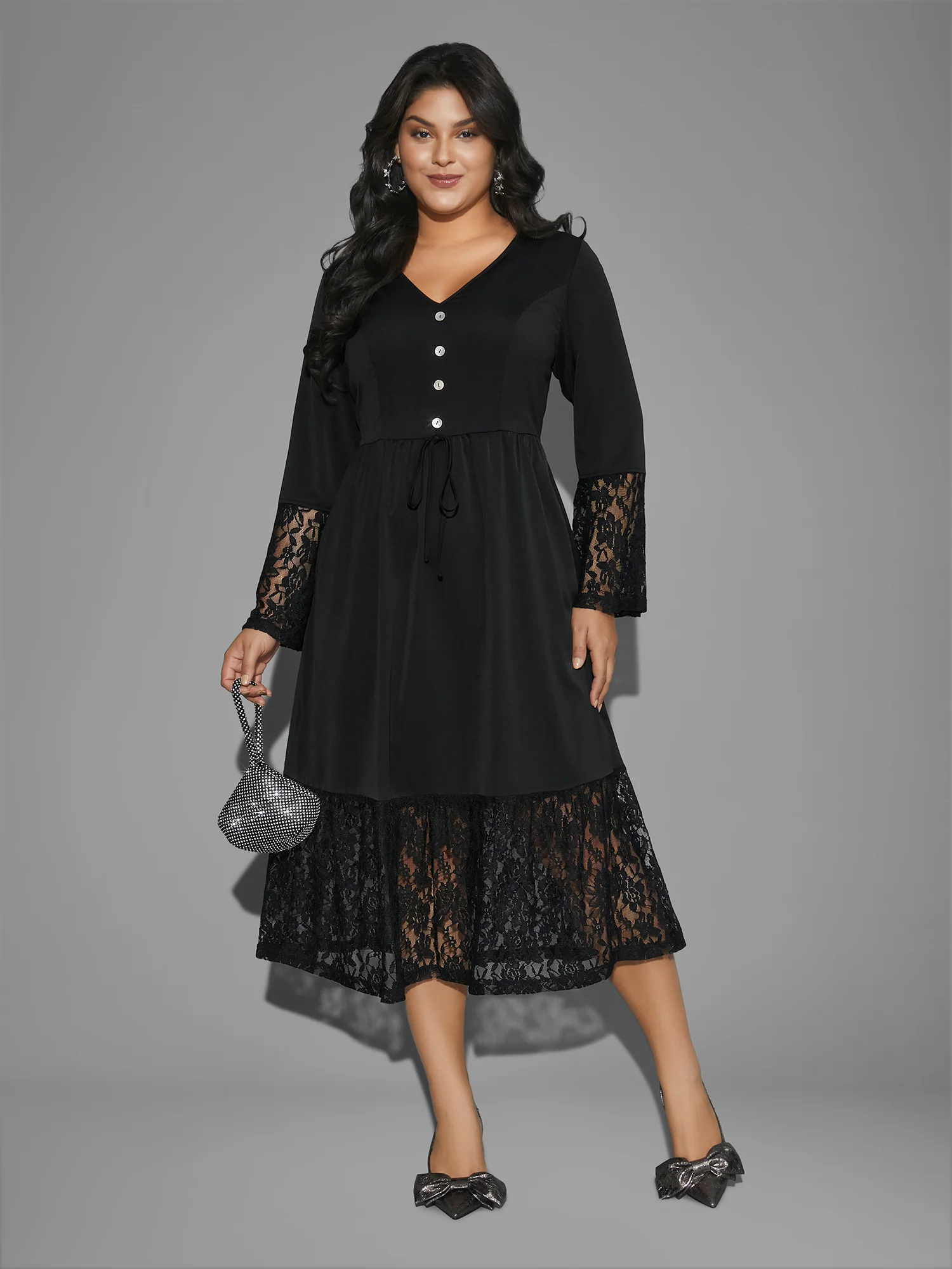Lace Patchwork Button Detail Tie Knot Dress - Image 4