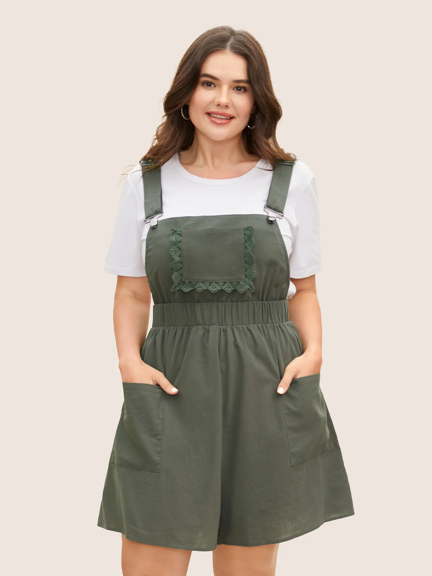 Lace Patchwork Patched Pocket Loose Romper