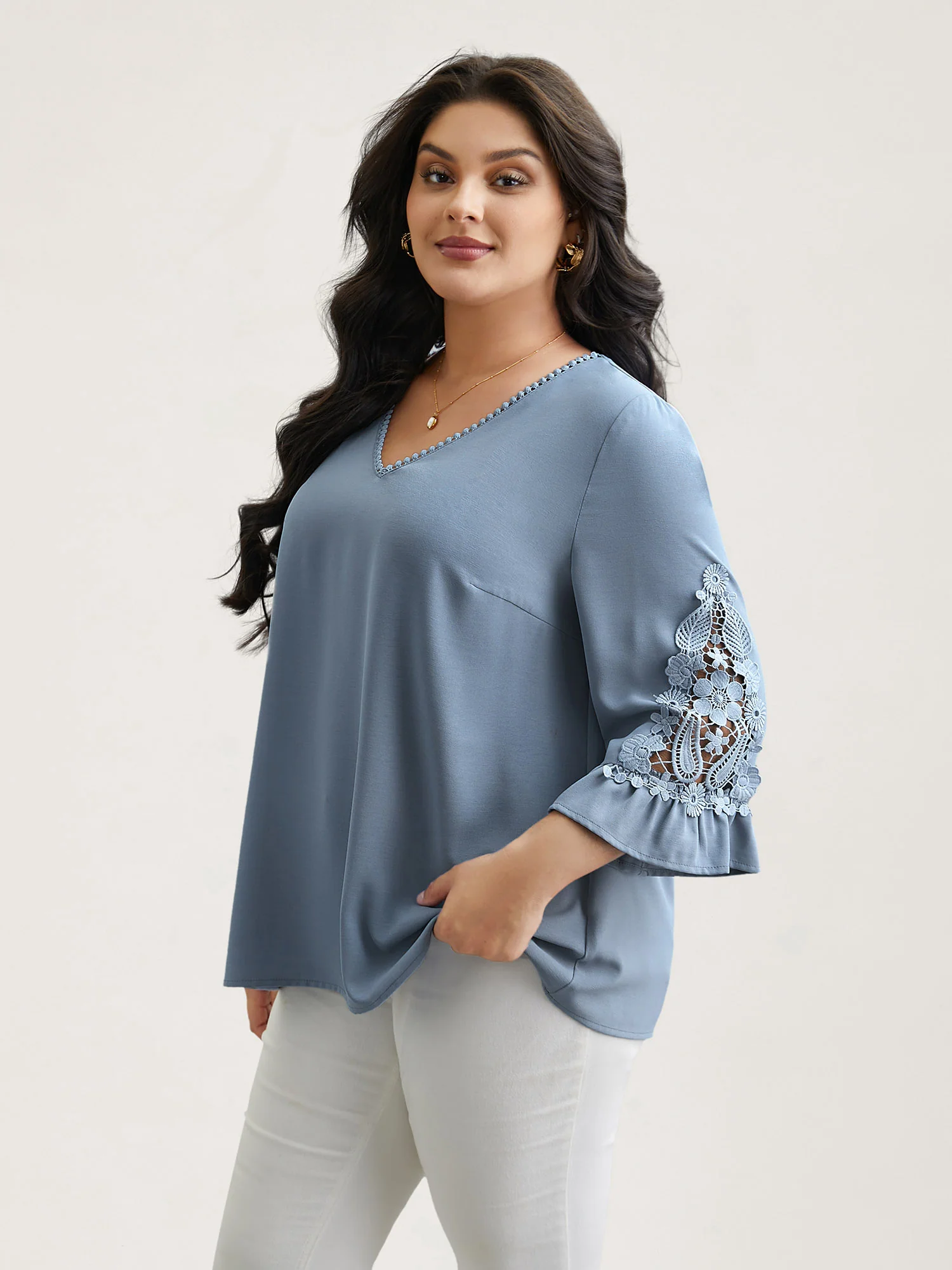 Lace Patchwork Ruffled V-Neck Blouse - Image 2