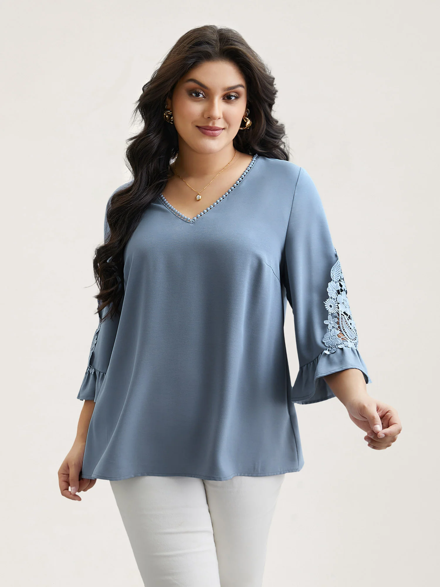 Lace Patchwork Ruffled V-Neck Blouse - Image 3