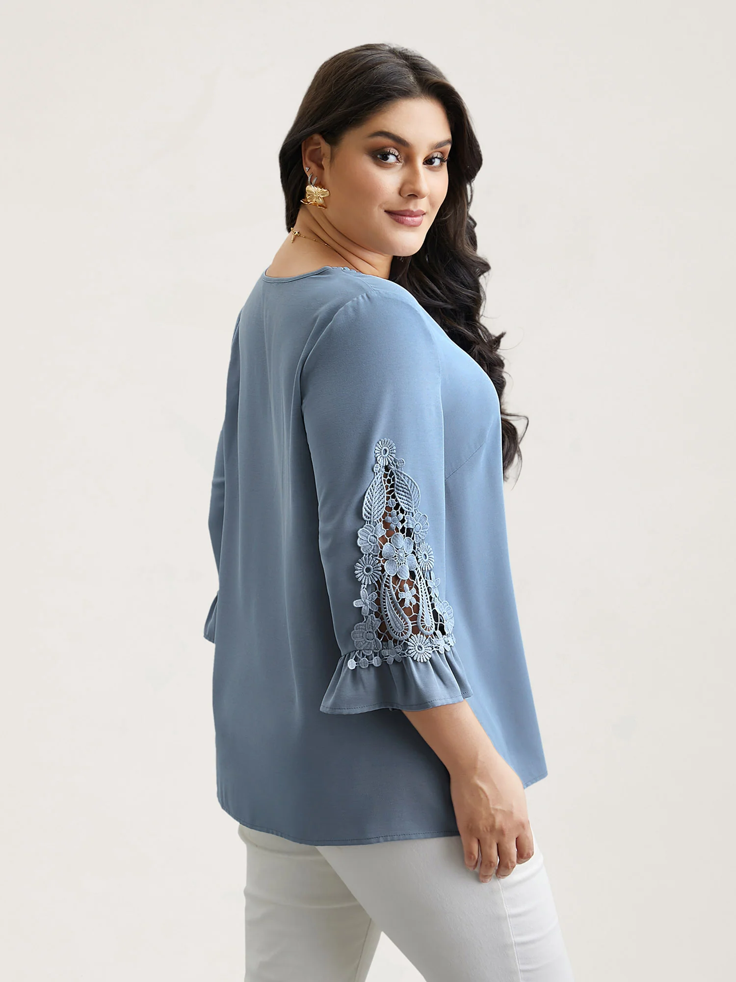 Lace Patchwork Ruffled V-Neck Blouse - Image 4