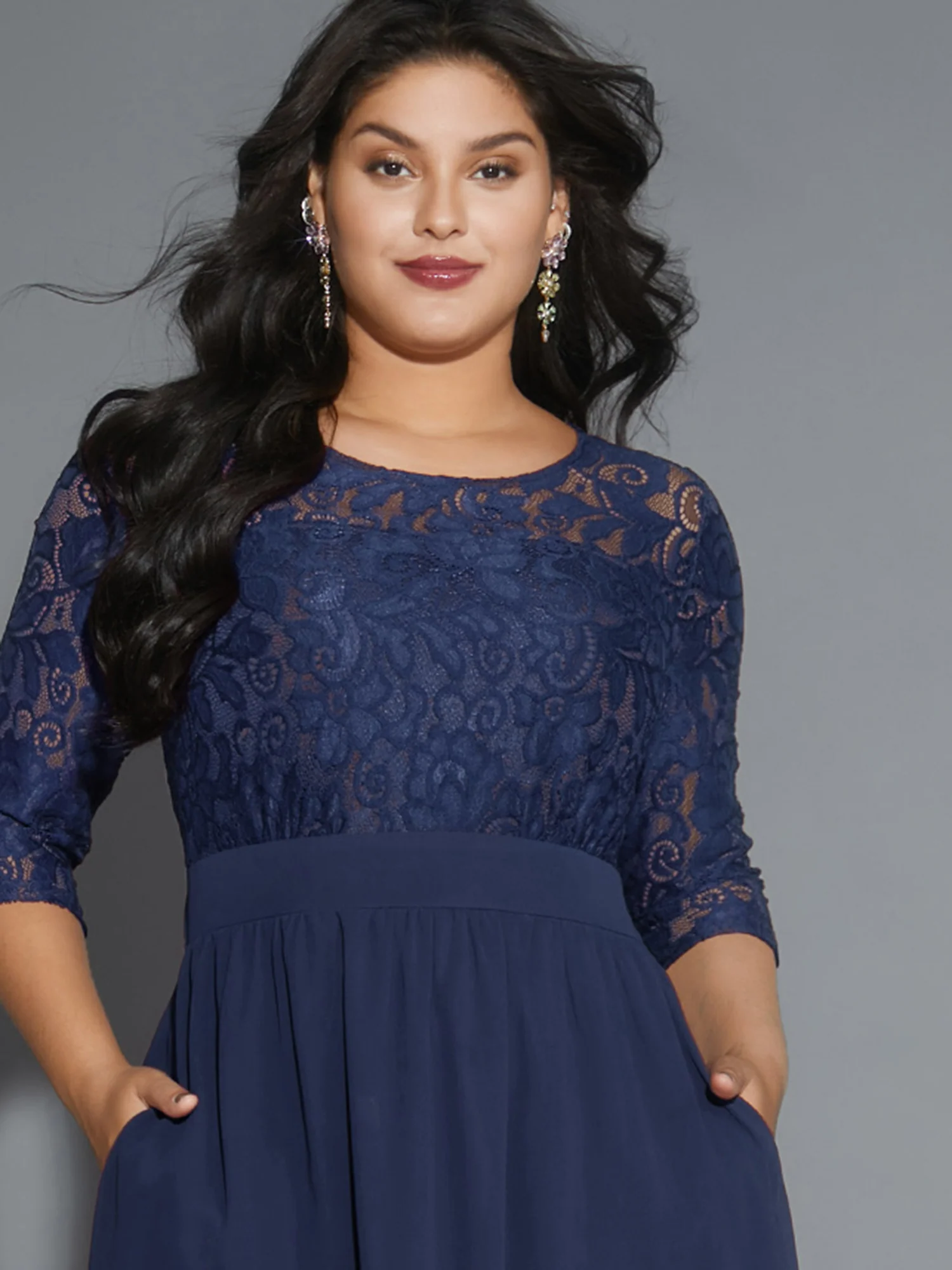 Lace Patchwork Shirred Midi Pocket Dress - Image 12