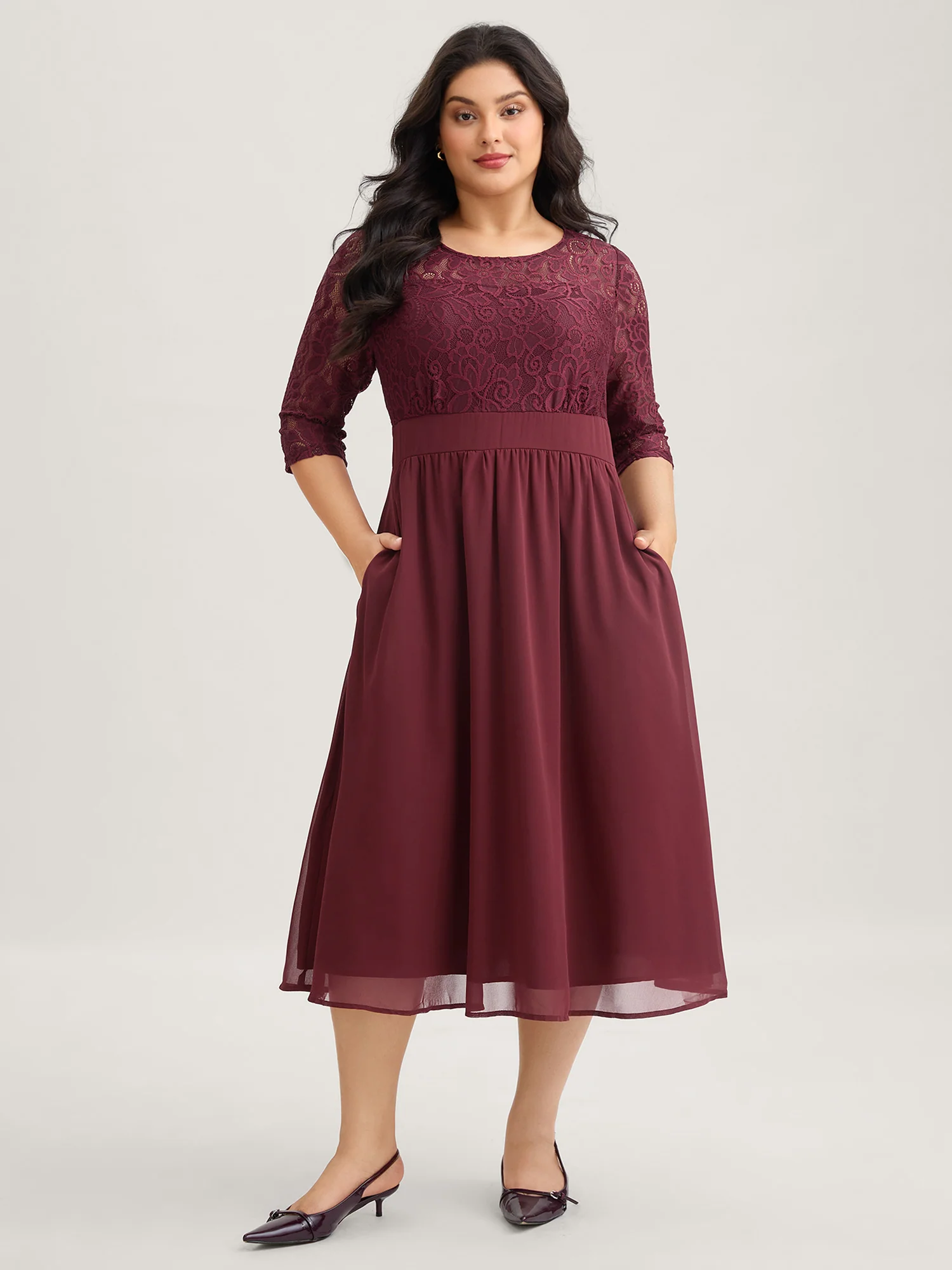 Lace Patchwork Shirred Midi Pocket Dress - Image 13