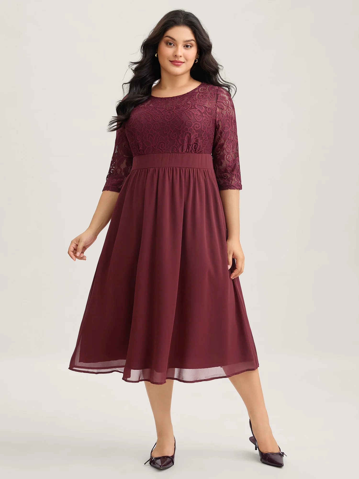 Lace Patchwork Shirred Midi Pocket Dress - Image 15