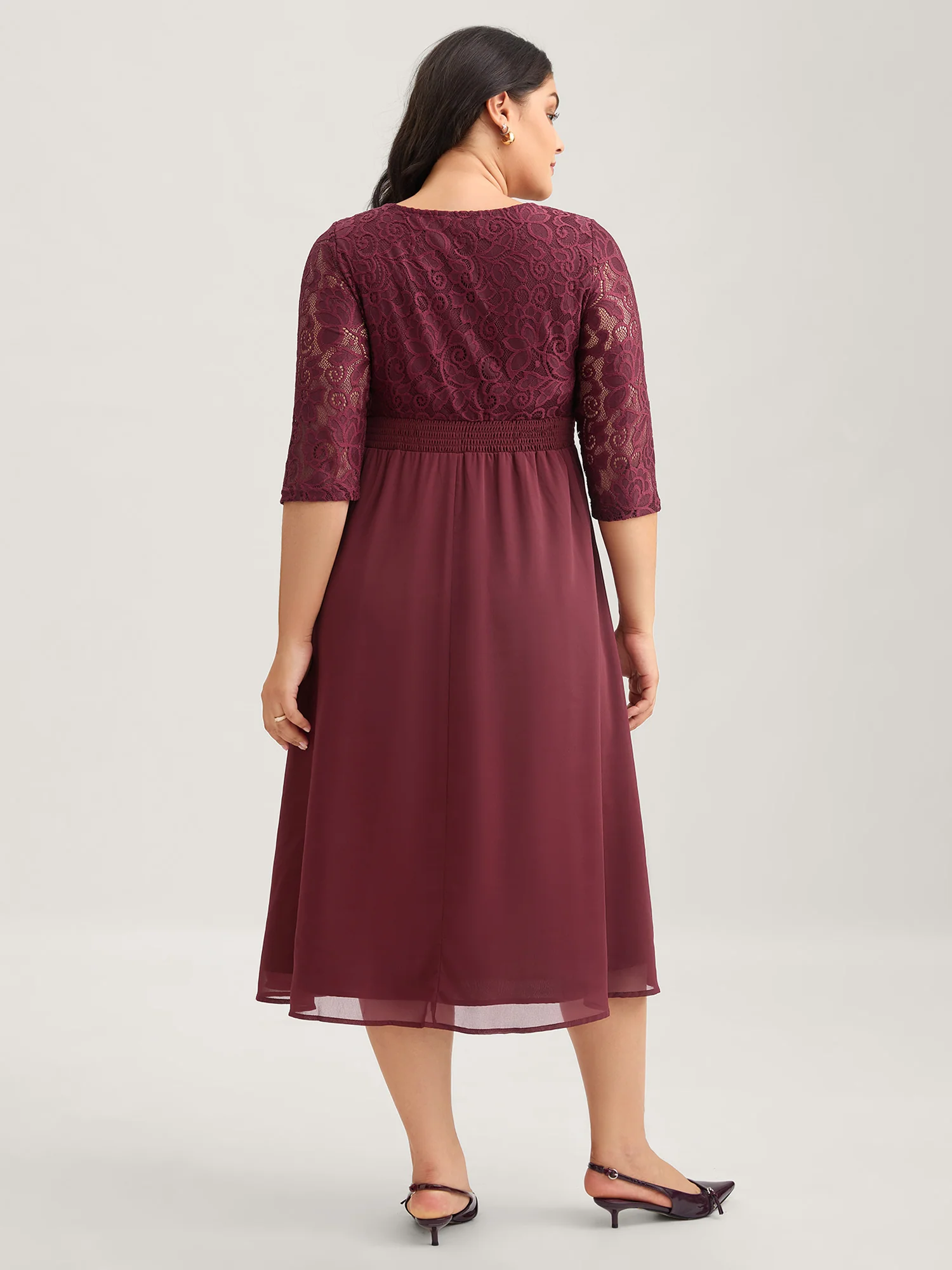 Lace Patchwork Shirred Midi Pocket Dress - Image 16