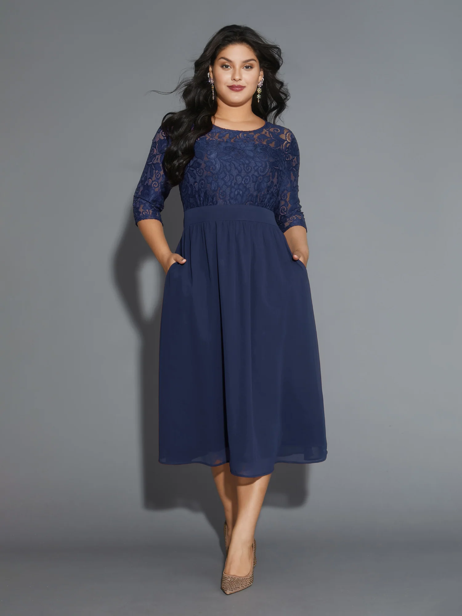 Lace Patchwork Shirred Midi Pocket Dress - Image 9