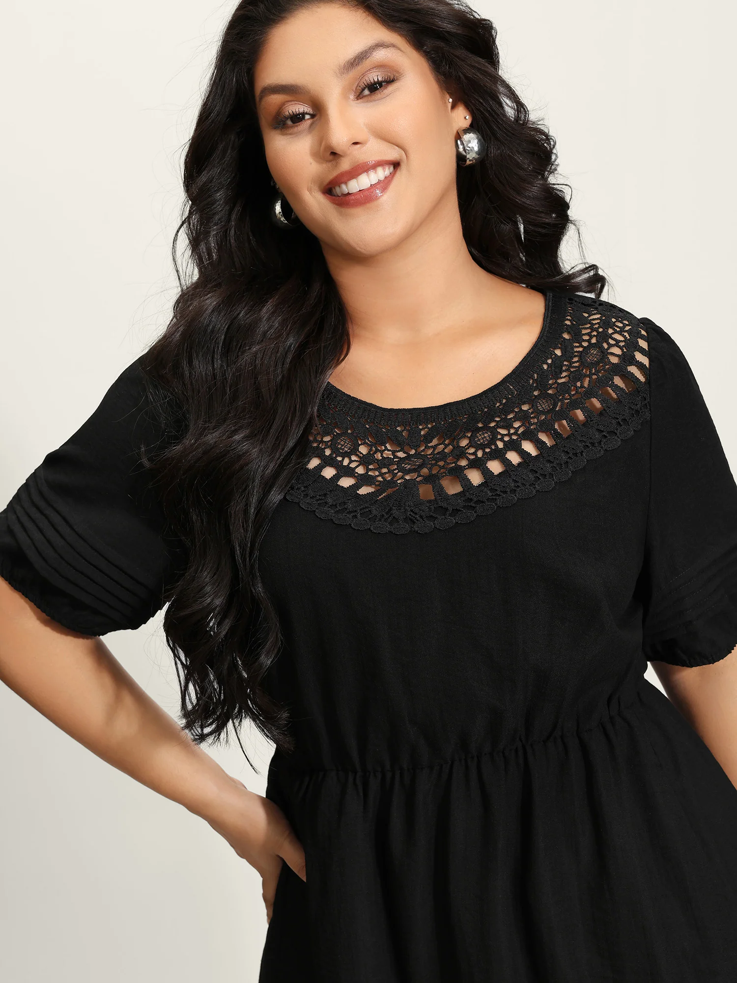 Lace Puffy Sleeve Knee-Length Dress - Image 2