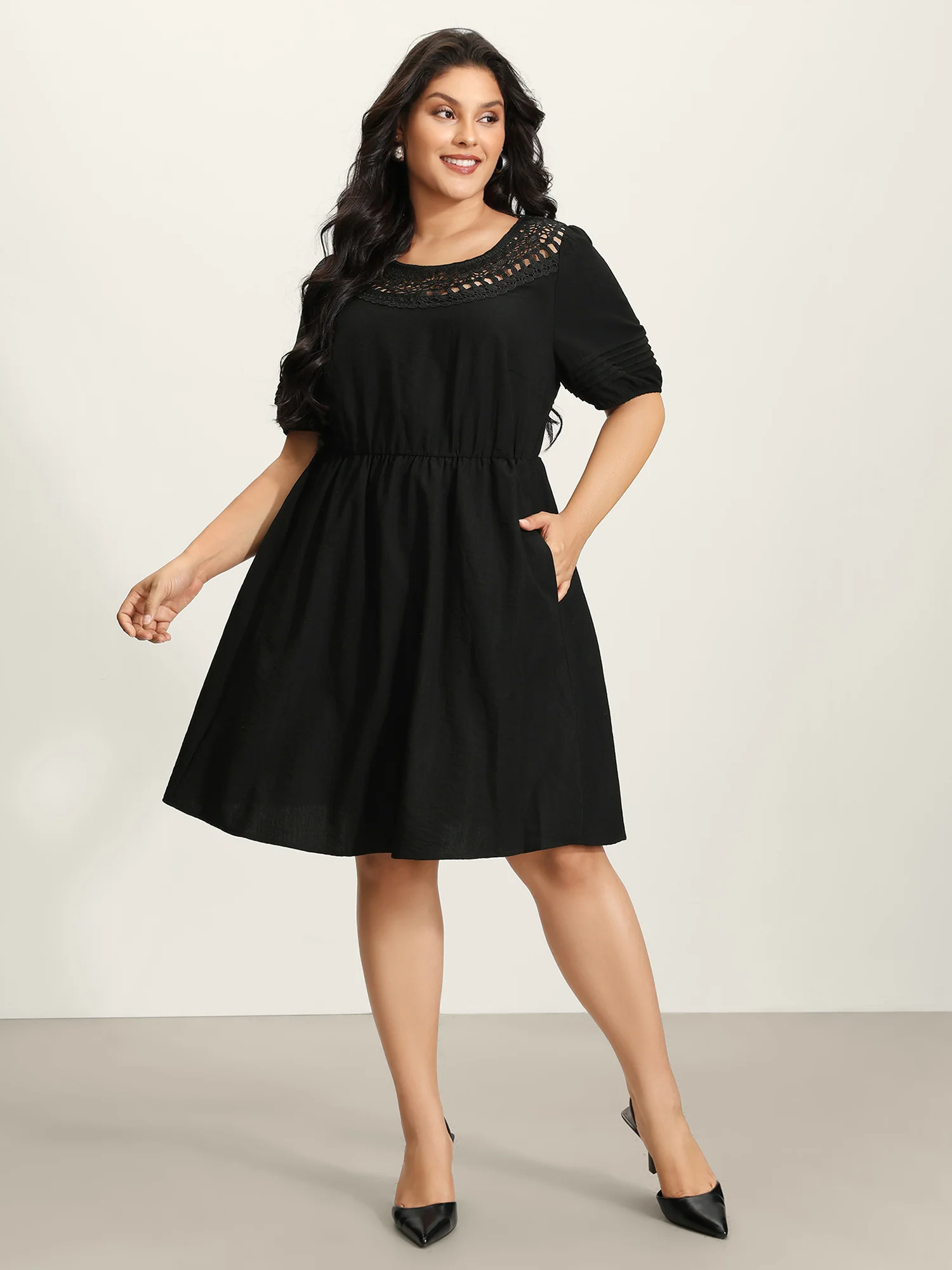 Lace Puffy Sleeve Knee-Length Dress - Image 3